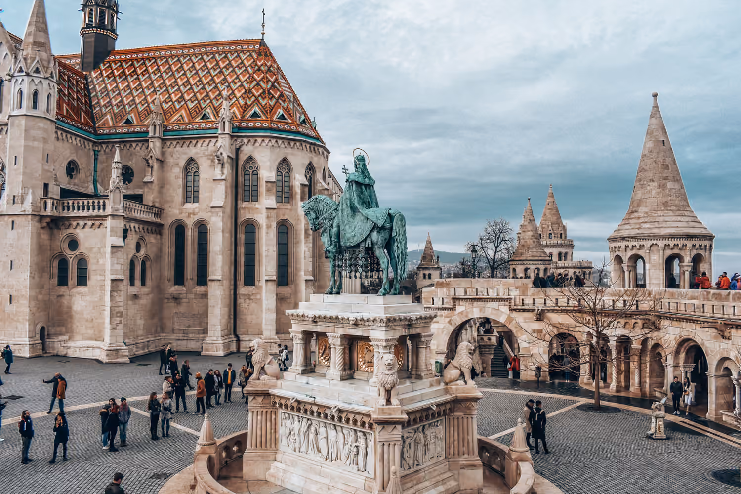Statue and towers at Fisherman's Bastion in Budapest